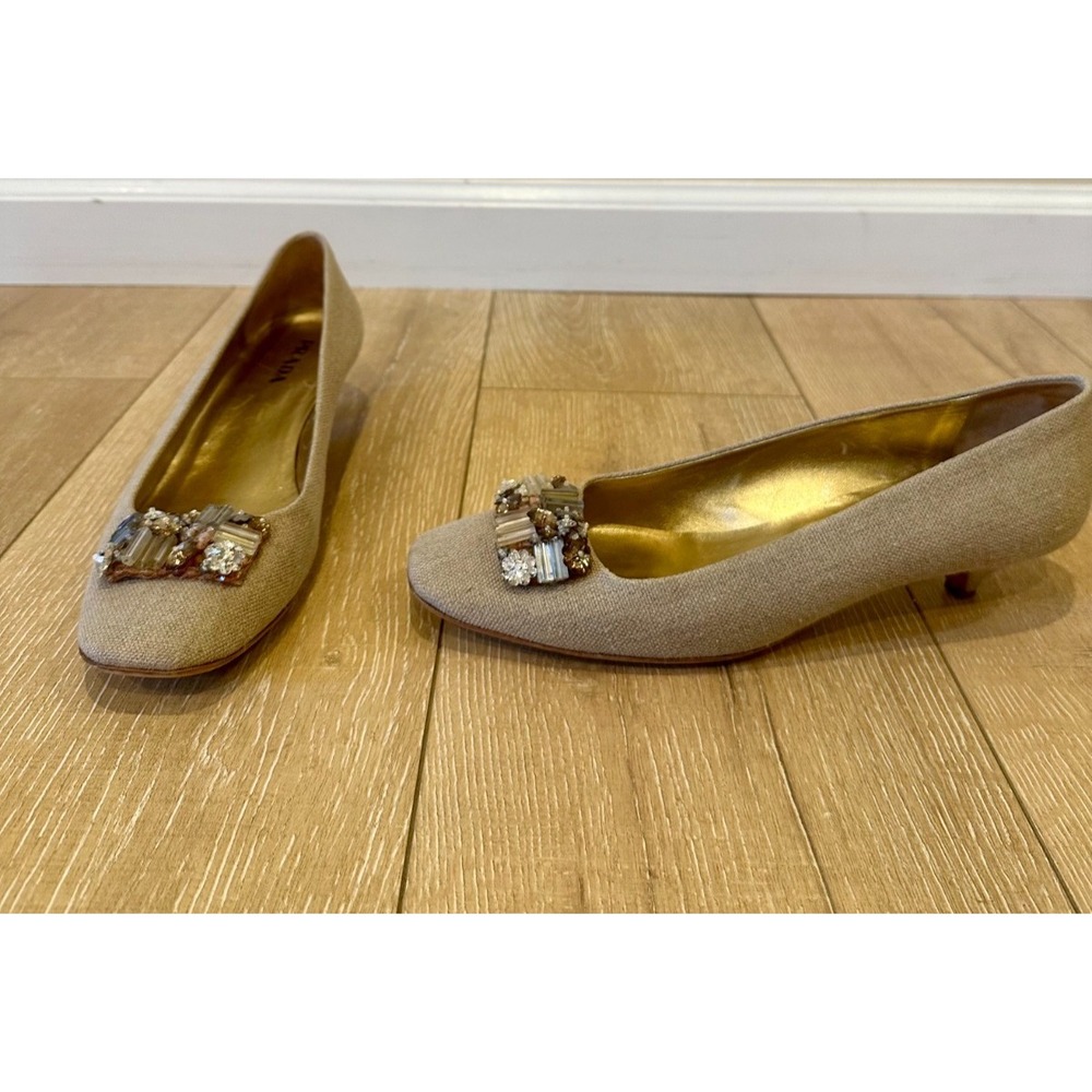 Prada Linen Tweed Beige Jeweled Kitten Heels Italian Lux Sz 40.5 IT / 10.5 US
